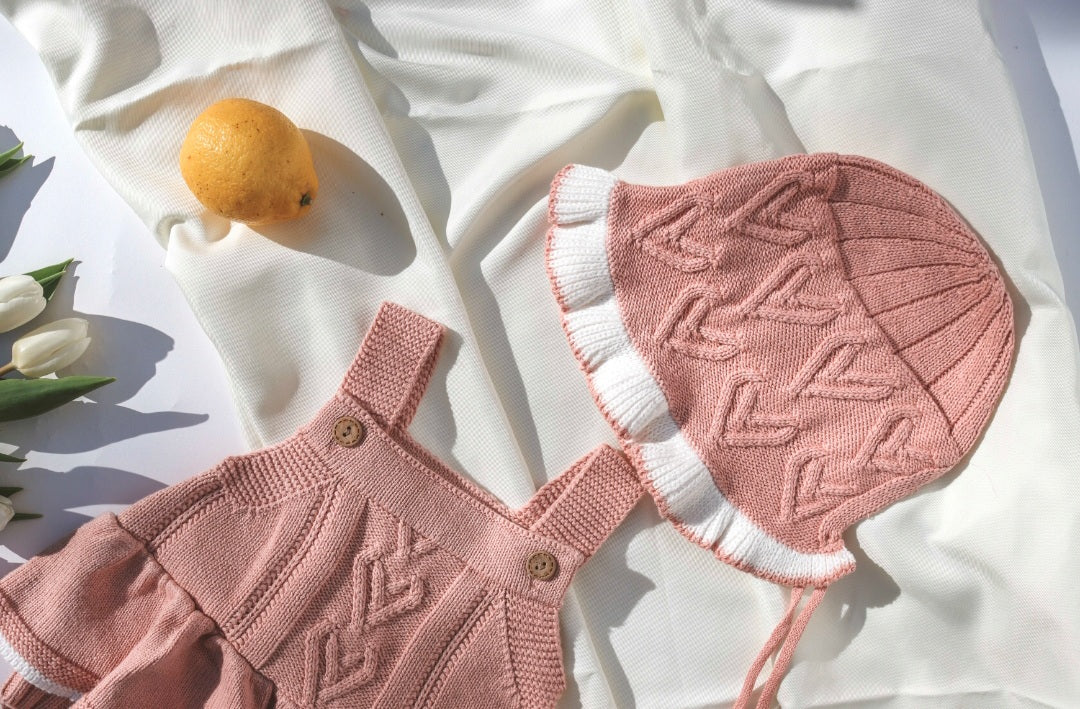 DANA Strick-Strampler Set mit Mütze in rosa weiß - ALBAY