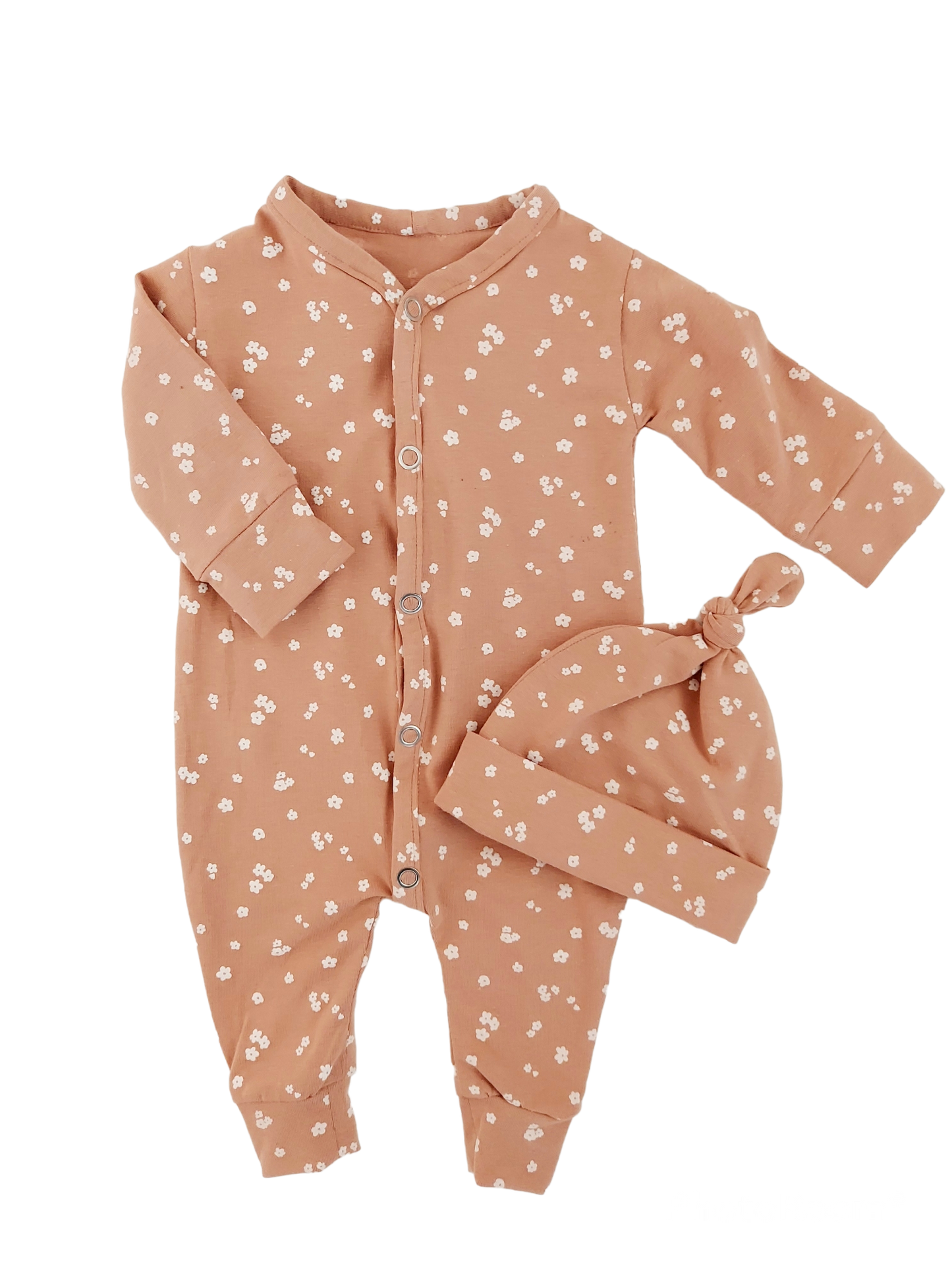 AMALIA Set Strampler mit Mütze in rosa mit Blümchenmuster 2-Tlg. - Handmade - ALBAY