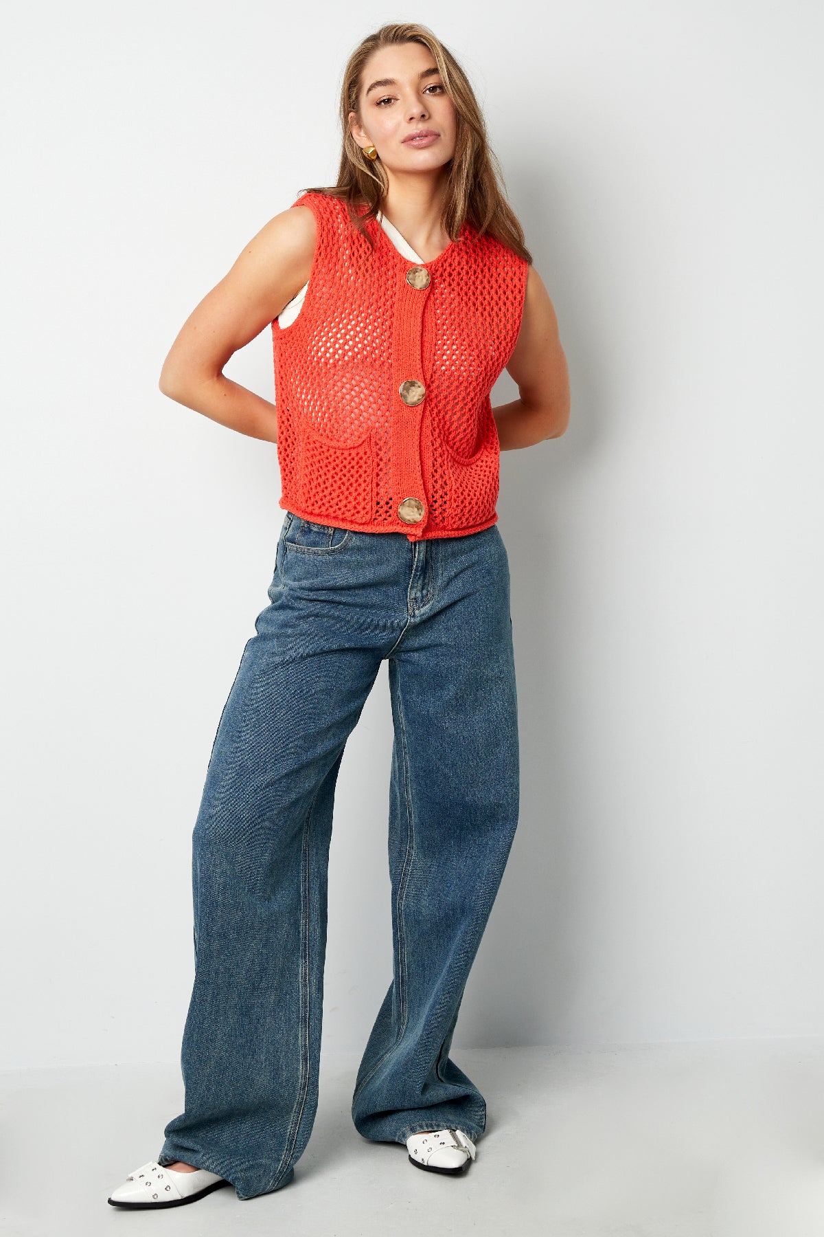 Gestrickte Polyester Damen Strickweste Offenmaschen Design