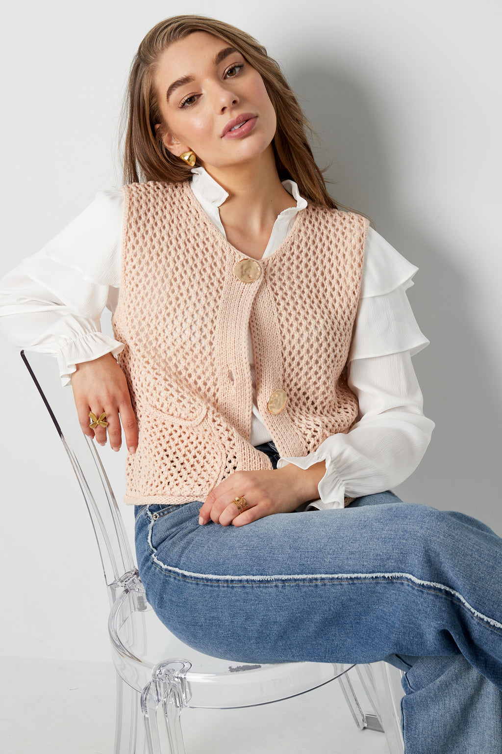 Gestrickte Polyester Damen Strickweste Offenmaschen Design