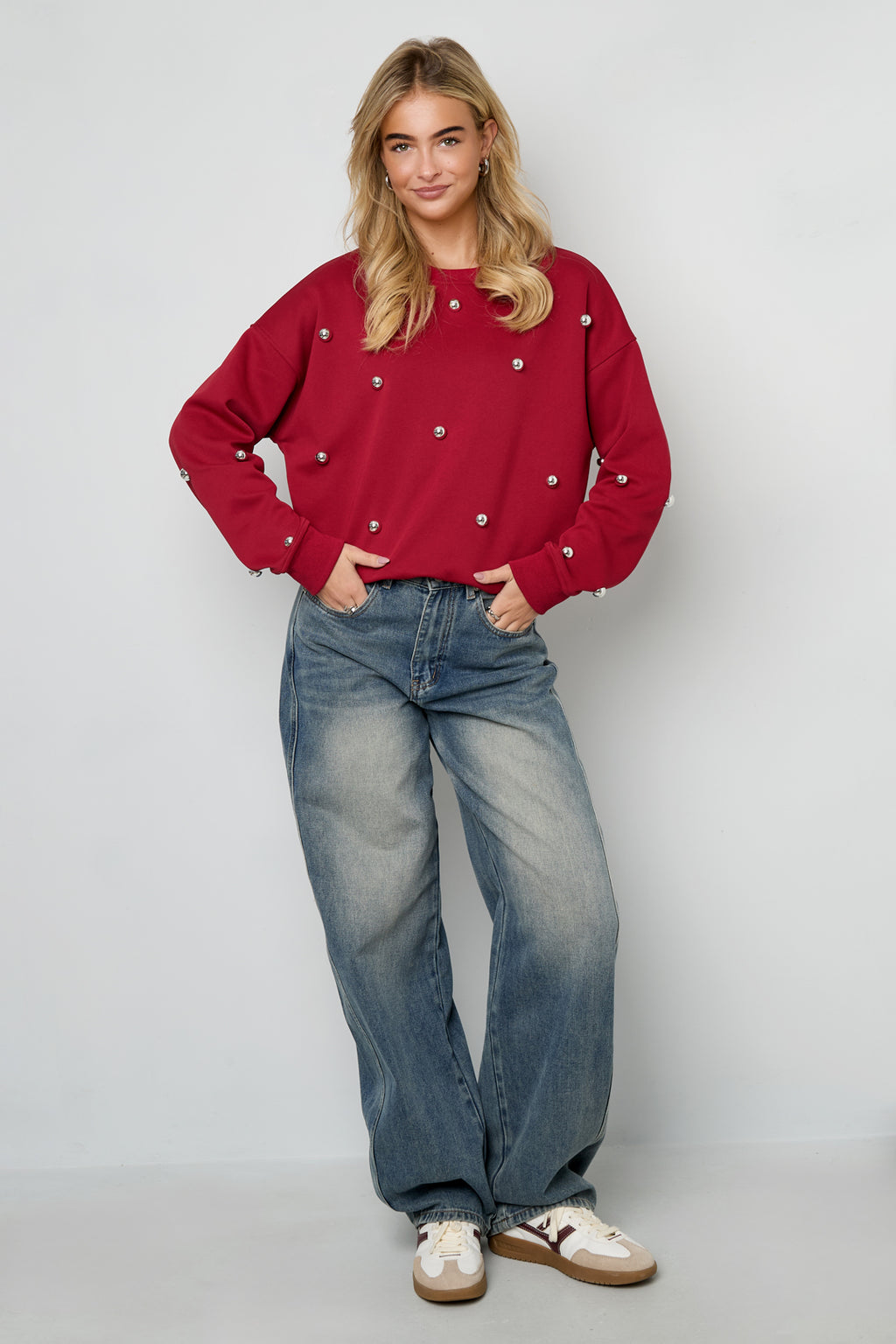 Gestrickte Baumwolle Damen Langarm Oberteil Casual Punkte