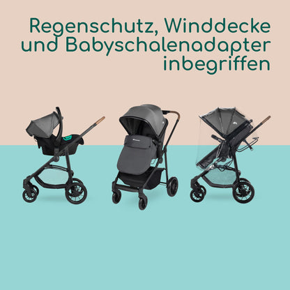 Bebeconfort Luvia Trio, Kinderwagen 3 in 1, 0–4 Jahre (0–22 kg), Baby Kinderwagen, Babyschale, Kinderwagenaufsatz, Smartes Faltsystem, Verstellbarer Schieber, Stoßdämpfung auf Rädern