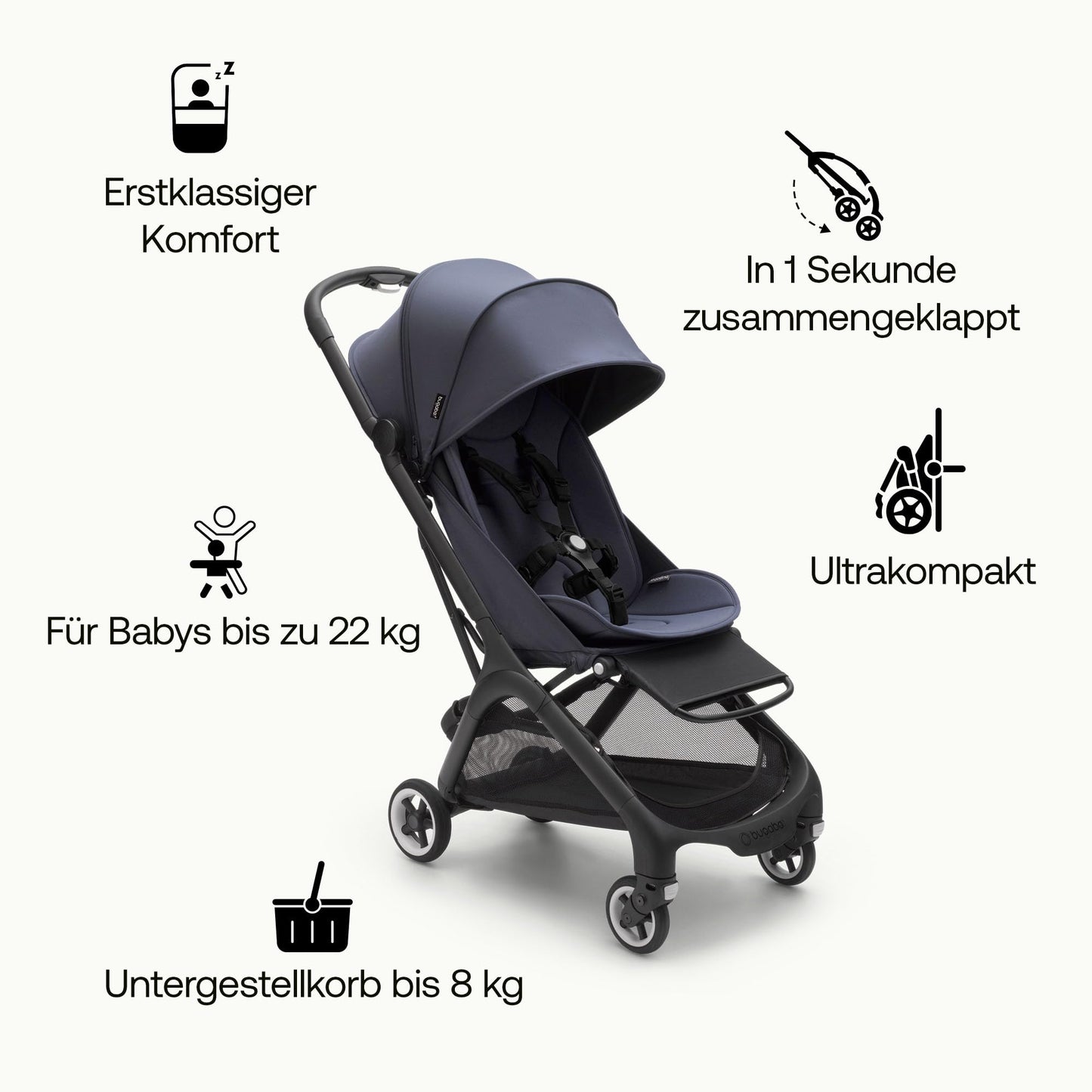 Bugaboo Butterfly ultrakompakter Reise-Kinderwagen, klein & leicht, einhändig faltbar und einfach zu lenken, ergonomischer City-Buggy für Babys ab 6 Monaten, mit viel Stauraum