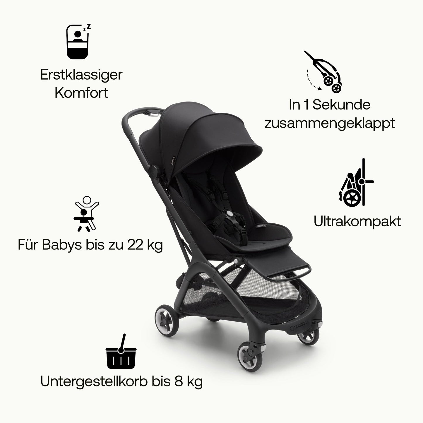 Bugaboo Butterfly ultrakompakter Reise-Kinderwagen, klein & leicht, einhändig faltbar und einfach zu lenken, ergonomischer City-Buggy für Babys ab 6 Monaten, mit viel Stauraum