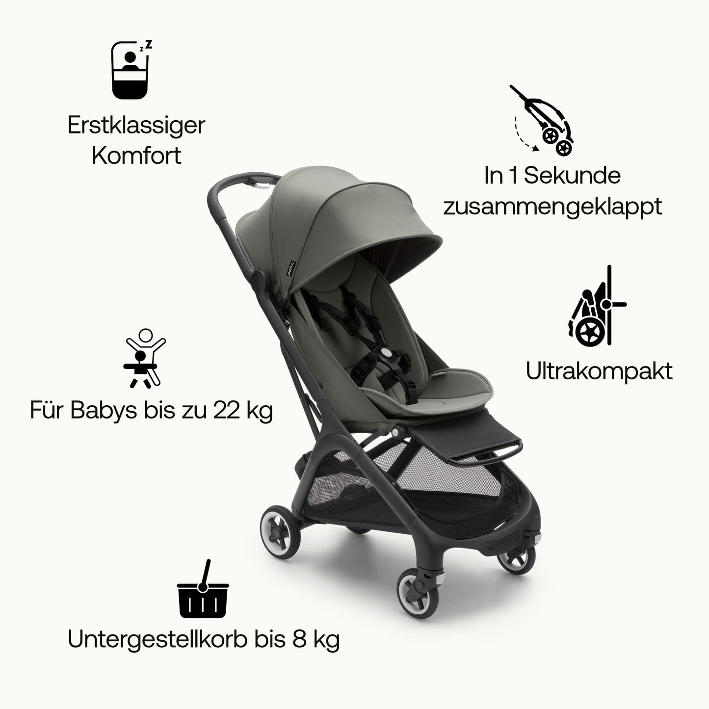 Bugaboo Butterfly ultrakompakter Reise-Kinderwagen, klein & leicht, einhändig faltbar und einfach zu lenken, ergonomischer City-Buggy für Babys ab 6 Monaten, mit viel Stauraum