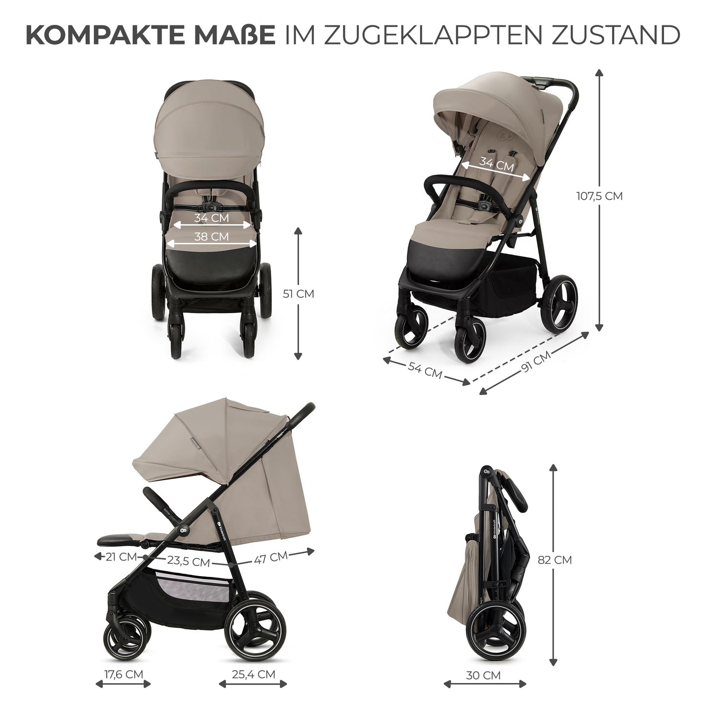 Kinderkraft TRIG 3 Kinderwagen, Kinderbuggy, Liegewagen, Sportwagen, Buggy, Zusammenklappen, Breite und tiefe Sitz, mit Liegeposition, 4 Rad Dämpfung, Große Dach, 5-Punkt-Gurt, bis zu 25 kg, Beige