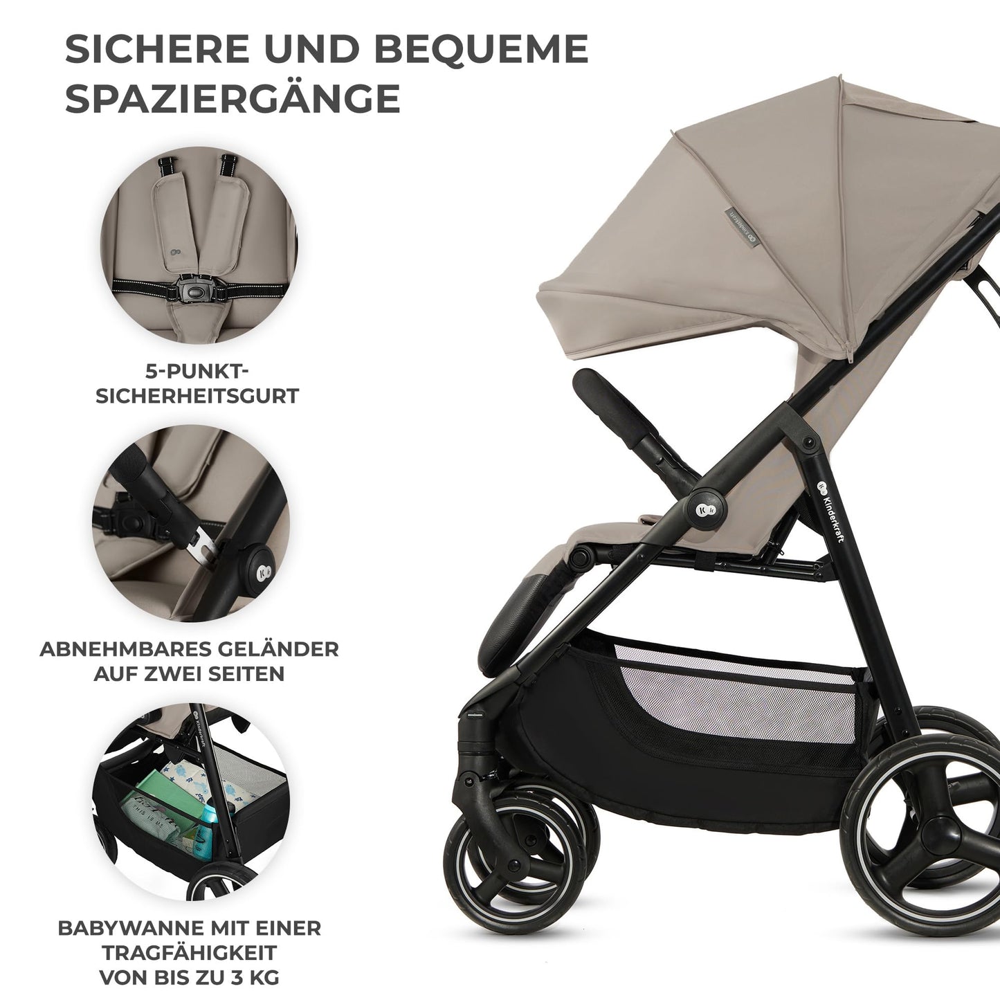 Kinderkraft TRIG 3 Kinderwagen, Kinderbuggy, Liegewagen, Sportwagen, Buggy, Zusammenklappen, Breite und tiefe Sitz, mit Liegeposition, 4 Rad Dämpfung, Große Dach, 5-Punkt-Gurt, bis zu 25 kg, Beige