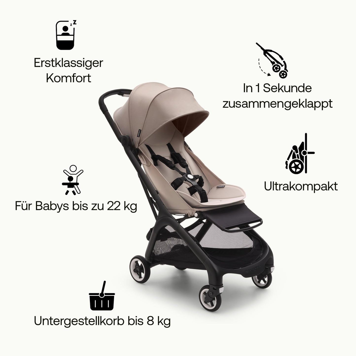 Bugaboo Butterfly ultrakompakter Reise-Kinderwagen, klein & leicht, einhändig faltbar und einfach zu lenken, ergonomischer City-Buggy für Babys ab 6 Monaten, mit viel Stauraum