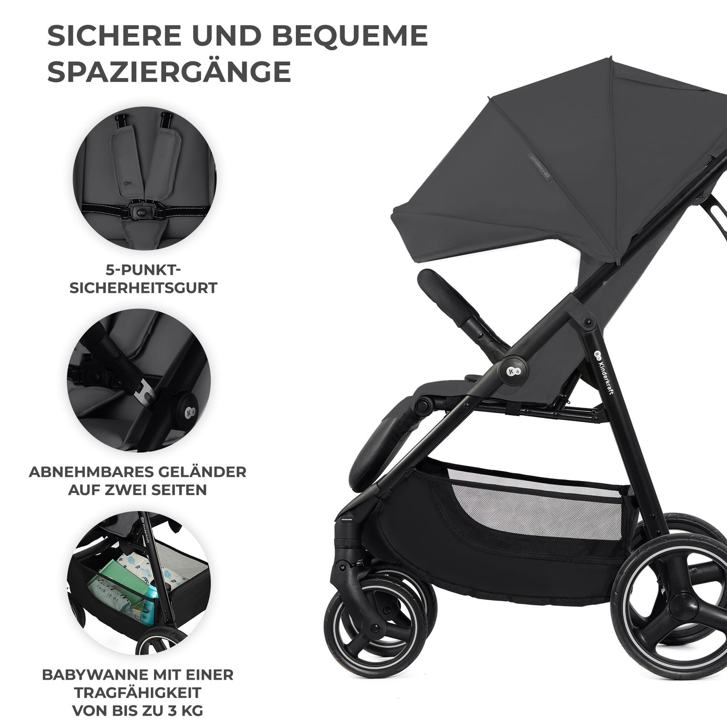 Kinderkraft TRIG 3 Kinderwagen, Kinderbuggy, Liegewagen, Sportwagen, Buggy, Zusammenklappen, Breite und tiefe Sitz, mit Liegeposition, 4 Rad Dämpfung, Große Dach, 5-Punkt-Gurt, bis zu 25 kg, Beige
