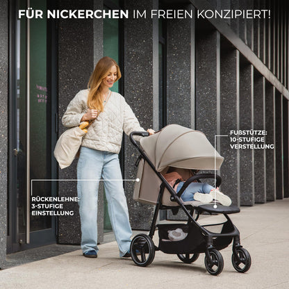 Kinderkraft TRIG 3 Kinderwagen, Kinderbuggy, Liegewagen, Sportwagen, Buggy, Zusammenklappen, Breite und tiefe Sitz, mit Liegeposition, 4 Rad Dämpfung, Große Dach, 5-Punkt-Gurt, bis zu 25 kg, Beige