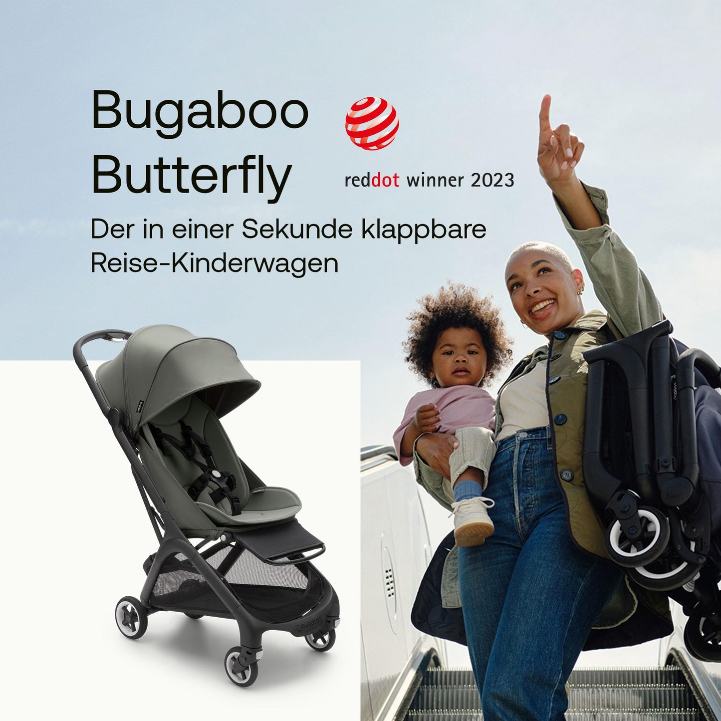 Bugaboo Butterfly ultrakompakter Reise-Kinderwagen, klein & leicht, einhändig faltbar und einfach zu lenken, ergonomischer City-Buggy für Babys ab 6 Monaten, mit viel Stauraum