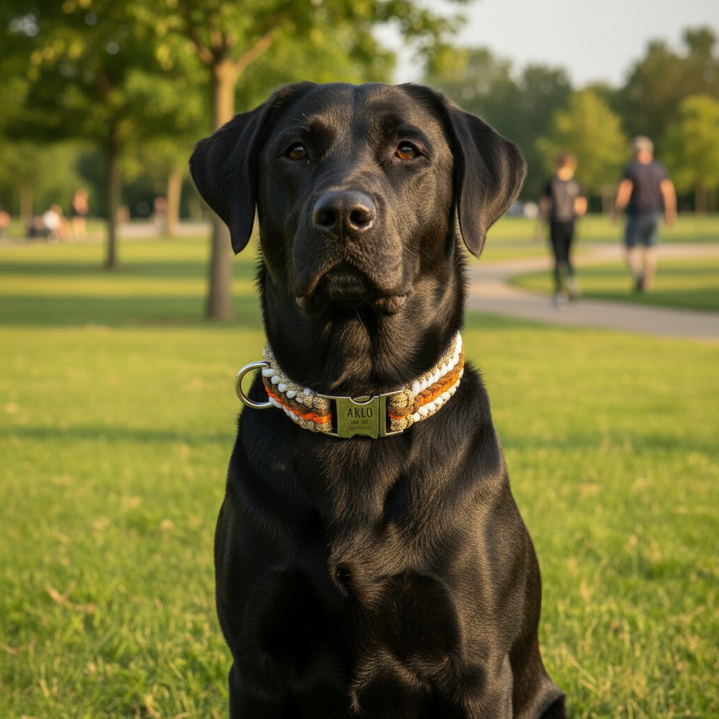 Arlo – Handgefertigtes Paracord Hundehalsband mit Gravur | Orange-Braun-Weiß-Beige