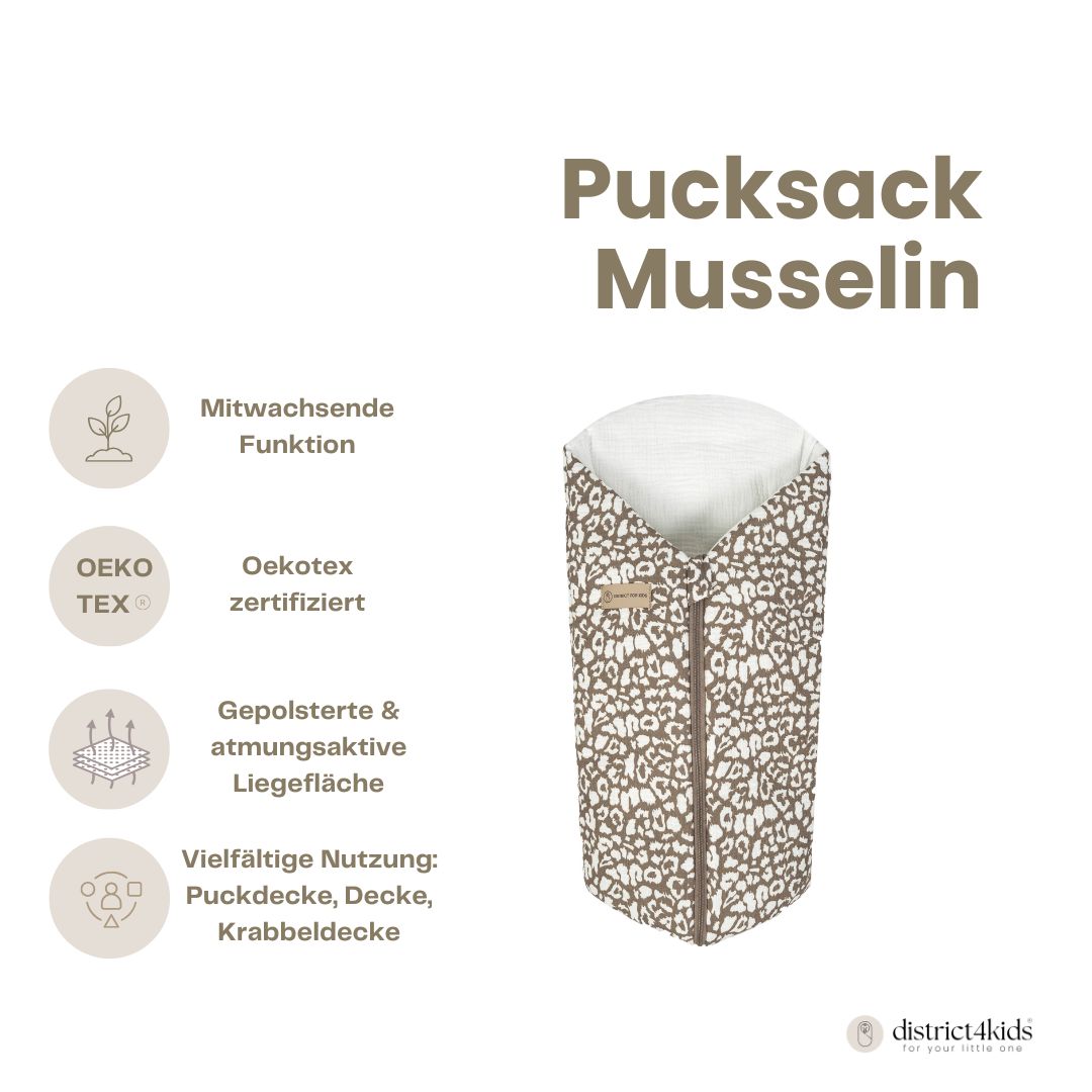 Pucksack Musselin Leopard mitwachsend - Ganzjahres Babyschlafsack