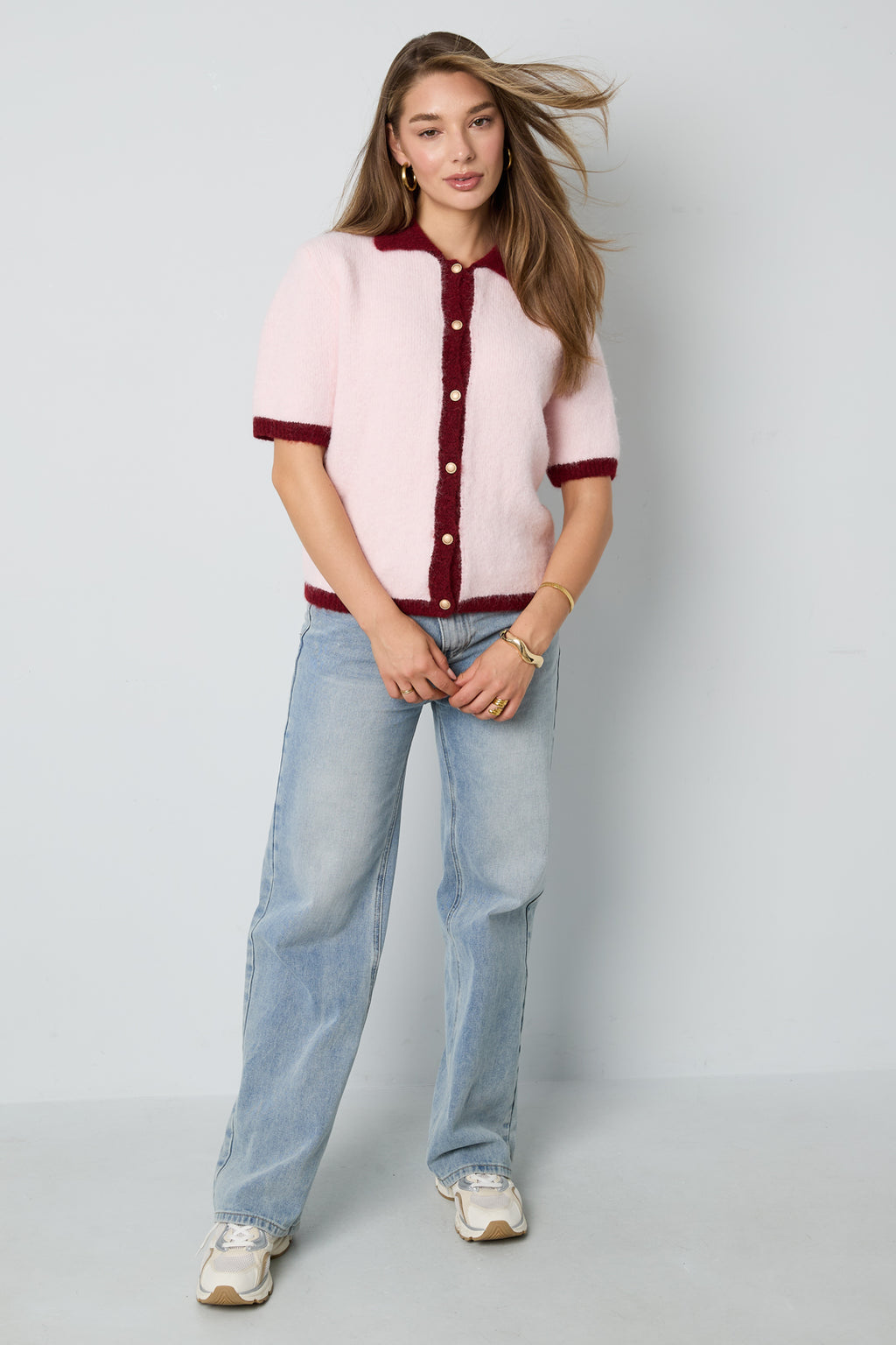 Gestrickte Polyesterfaser Damen Strickjacke Casual Farbkontrast