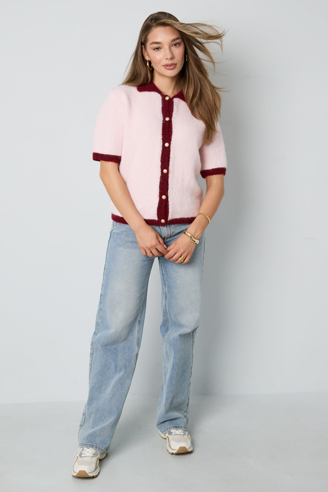 Gestrickte Polyesterfaser Damen Strickjacke Casual Farbkontrast