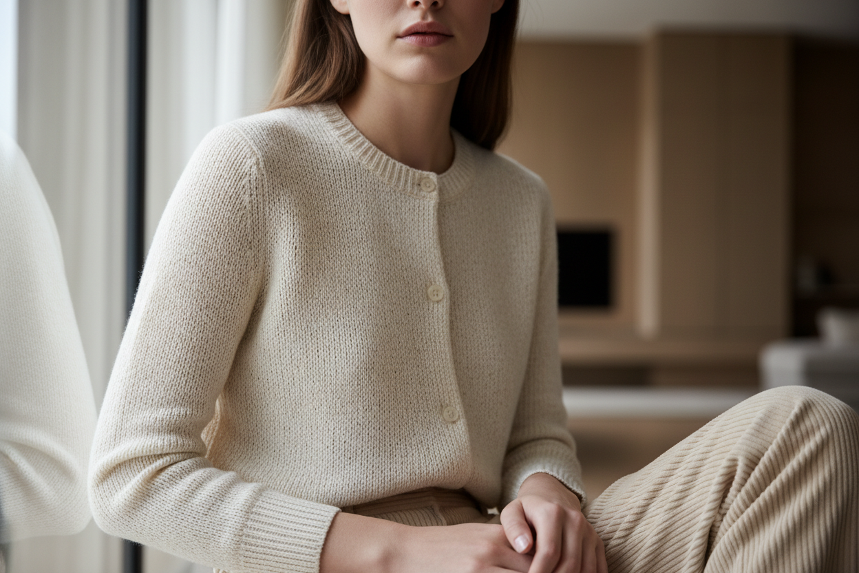 Nahansicht model feinstrickcardigan in ecru und hellbeige cordstoff hose 