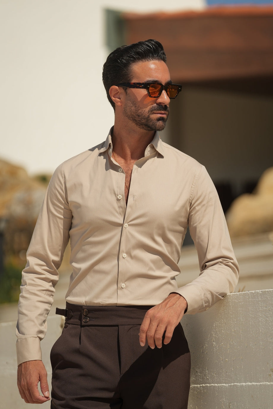 BEYO Elastisches Slim Fit Hemd in beige